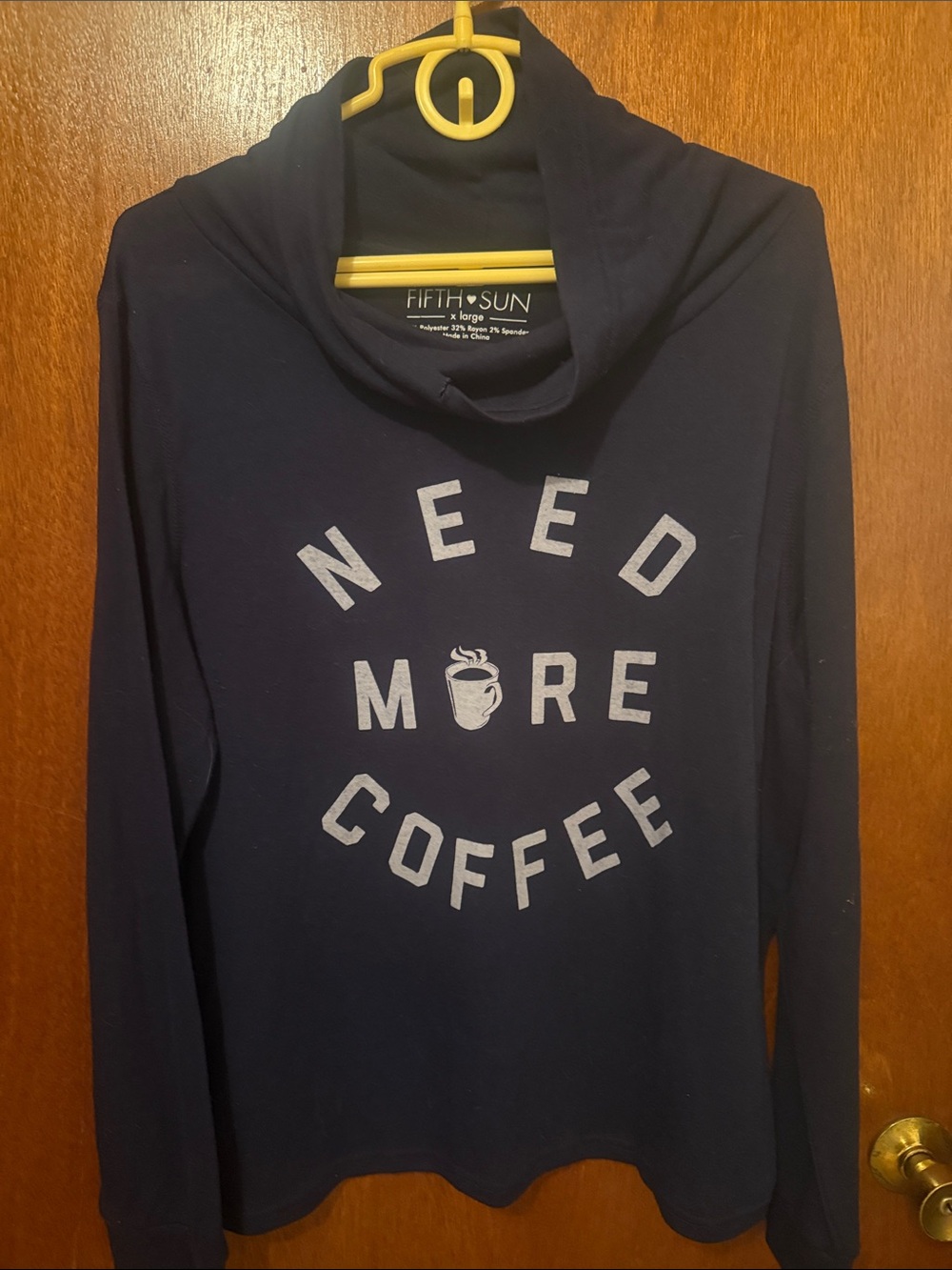 Fifth Sun Navy Crewneck with NEED MORE COFFEE Print